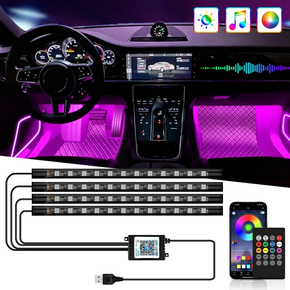Led Gaming Light Strip - ユニバーサル48 LED USB車用RGBアンビエントフットライト LEDストリップインテリア雰囲気ランプ 8色装飾ワイヤレスリモコン