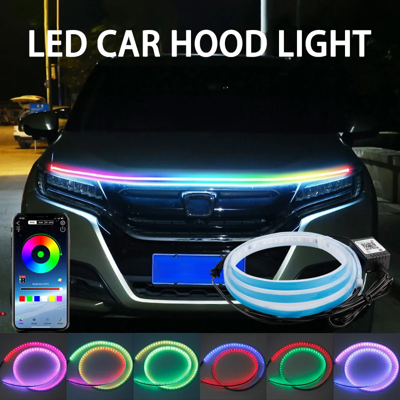 Led Gaming Light Strip - 120/150/180cm車用ボンネット装飾ライトAPPリモコンRGB LEDカラフルカーヘッドライトストリップ12v UTV ATV DRL汎用